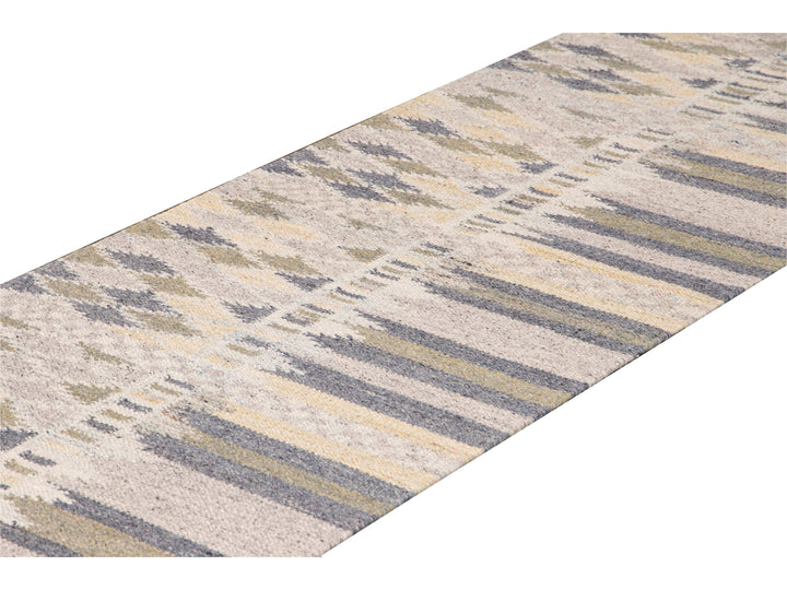 Modern Swedish Style Beige Handmade Geometric Abstract Long Wool Runner