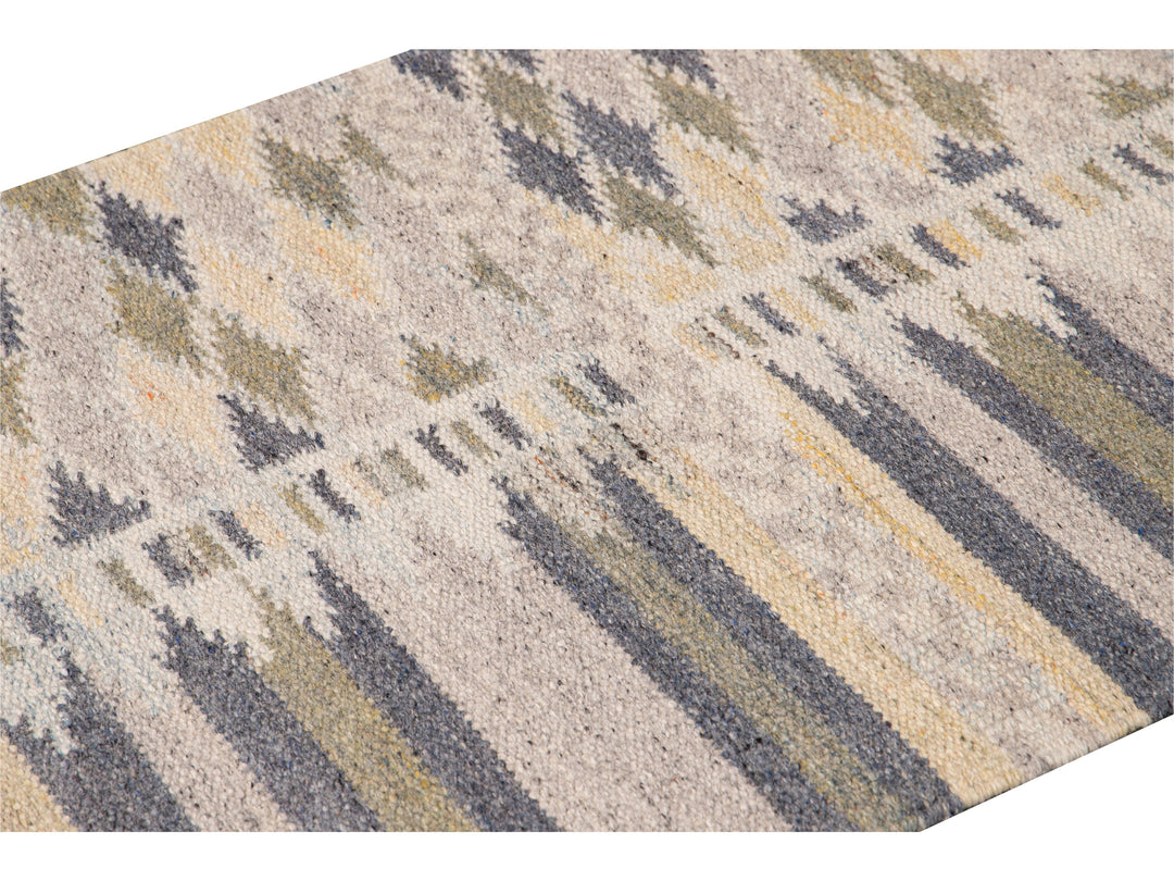 Modern Swedish Style Beige Handmade Geometric Abstract Long Wool Runner