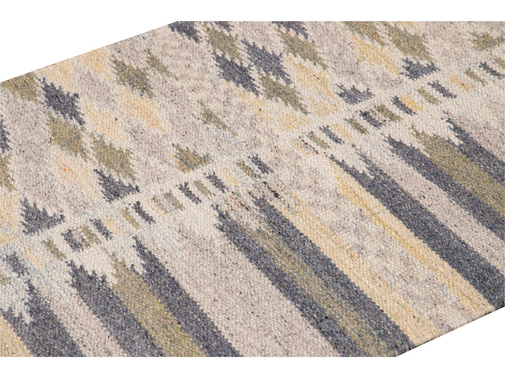 Modern Swedish Style Beige Handmade Geometric Abstract Long Wool Runner