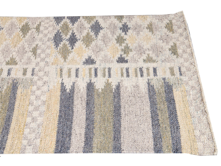 Modern Swedish Style Beige Handmade Geometric Abstract Long Wool Runner