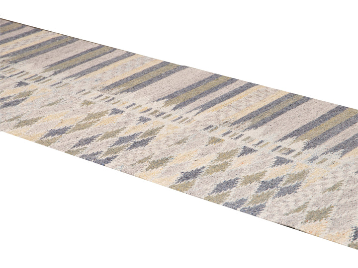 Modern Swedish Style Beige Handmade Geometric Abstract Long Wool Runner