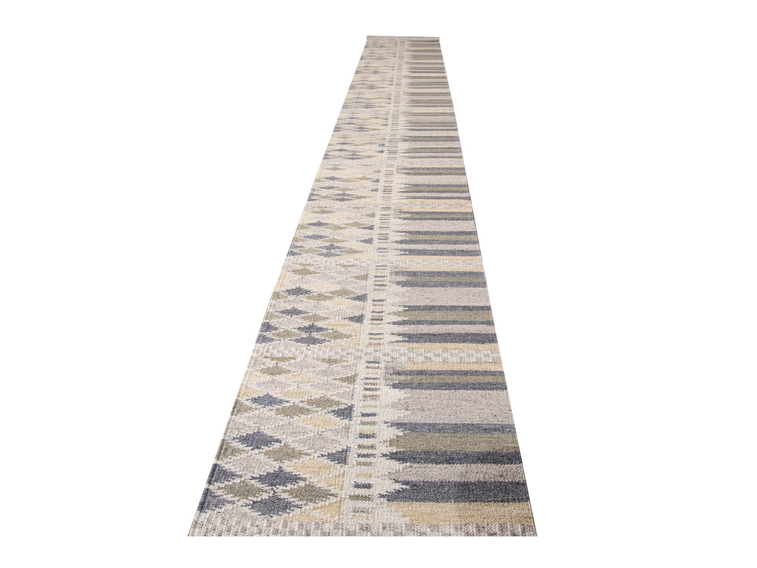 Modern Swedish Style Beige Handmade Geometric Abstract Long Wool Runner