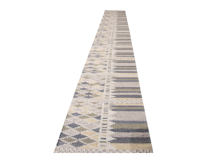 Modern Swedish Style Beige Handmade Geometric Abstract Long Wool Runner