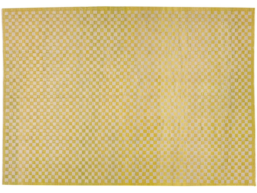 Modern Kilim Yellow Handmade Wool Rug With Checker Motif
