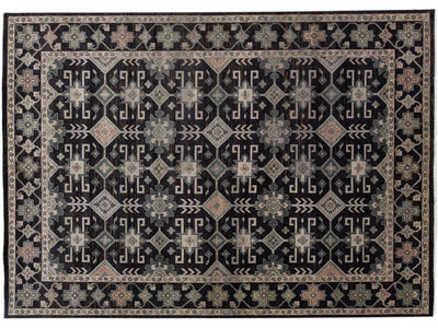 Modern Turkish Oushak Handmade Charcoal Wool Rug With Geometric Design