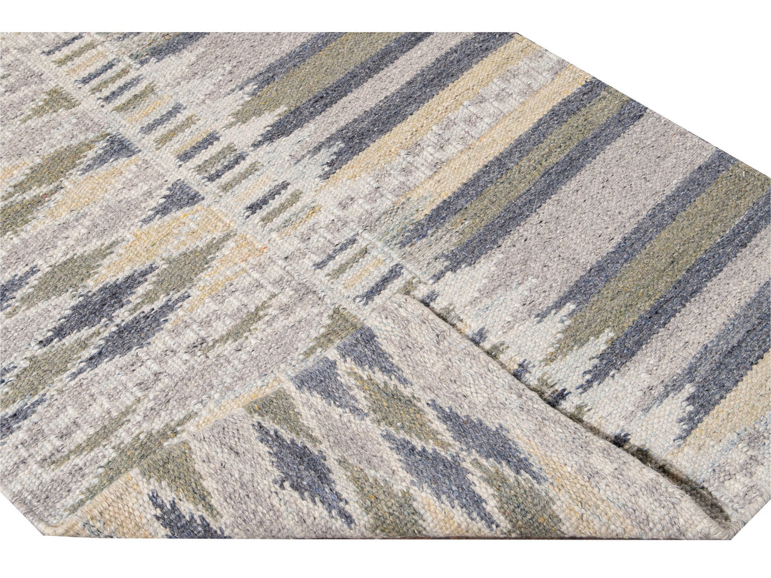 Modern Swedish Style Beige Handmade Geometric Wool Runner