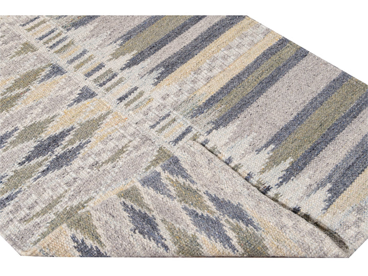 Modern Swedish Style Beige Handmade Geometric Wool Runner