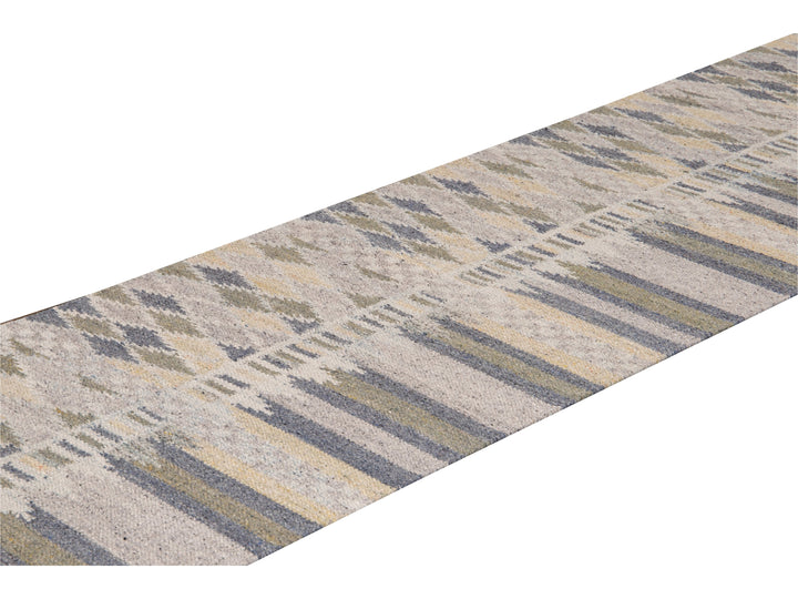 Modern Swedish Style Beige Handmade Geometric Wool Runner