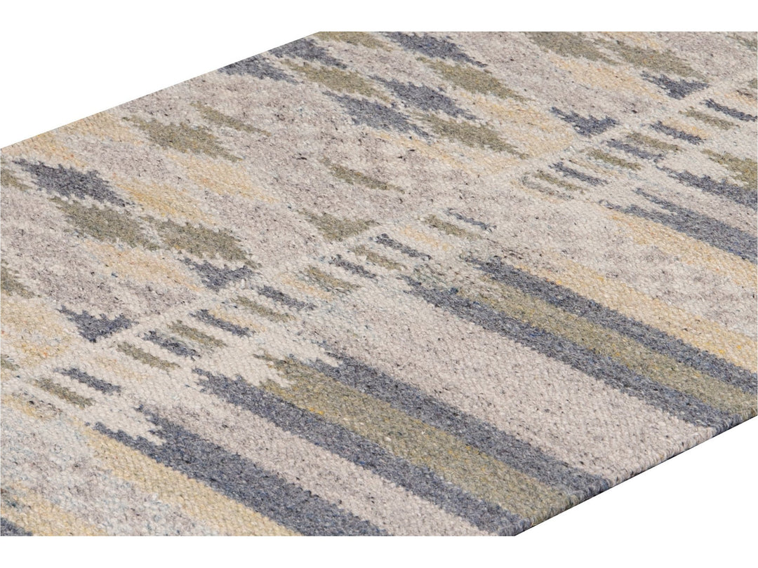 Modern Swedish Style Beige Handmade Geometric Wool Runner