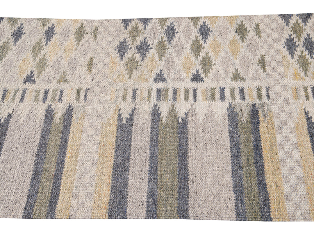 Modern Swedish Style Beige Handmade Geometric Wool Runner