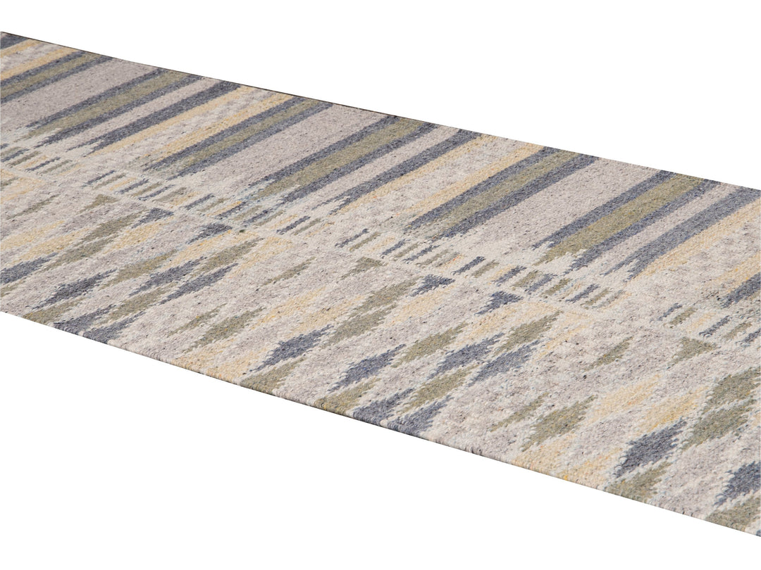 Modern Swedish Style Beige Handmade Geometric Wool Runner
