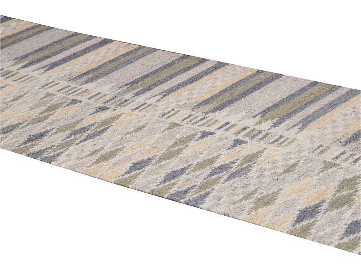 Modern Swedish Style Beige Handmade Geometric Wool Runner