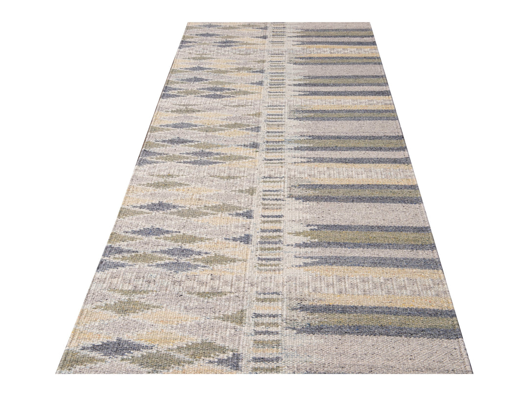 Modern Swedish Style Beige Handmade Geometric Wool Runner