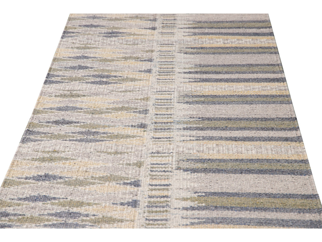 Modern Swedish Style Beige Handmade Geometric Wool Runner