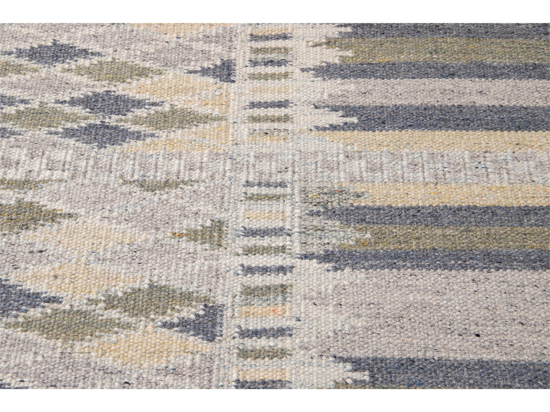 Modern Swedish Style Beige Handmade Geometric Wool Runner