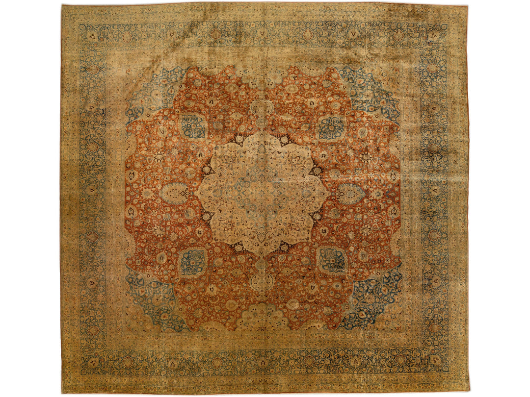 Vintage Mashad Handmade Rust Square Persian Wool Rug with Medallion Design