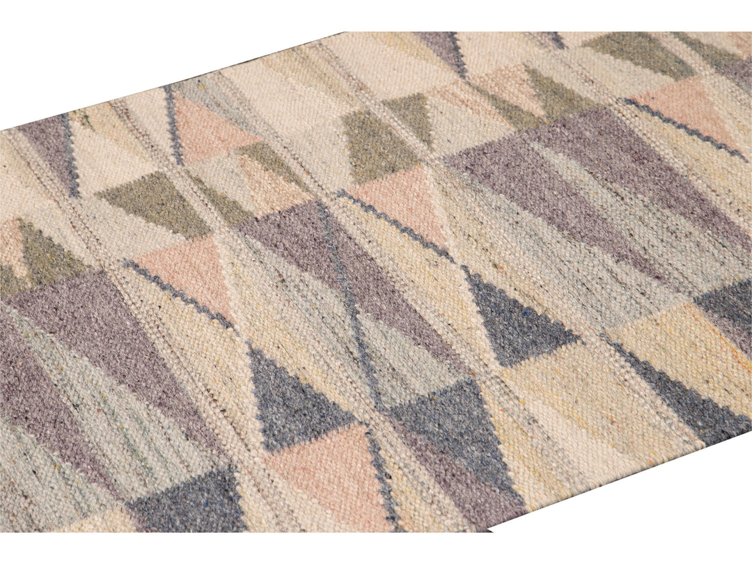 Modern Swedish Style Handmade Geometric Long Multicolor Wool Runner