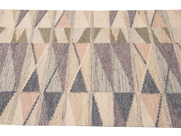 Modern Swedish Style Handmade Geometric Long Multicolor Wool Runner