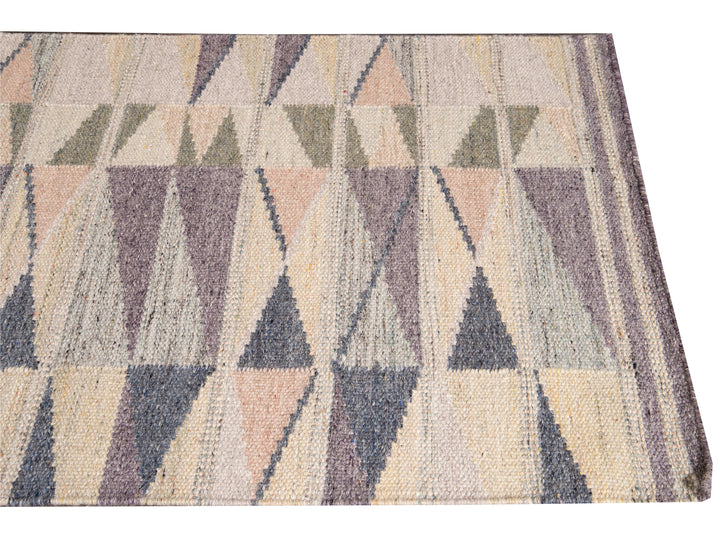 Modern Swedish Style Handmade Geometric Long Multicolor Wool Runner