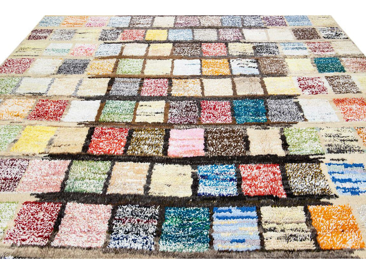Modern Turkish Tulu Handmade Multicolor Square Pattern Beige Wool Rug