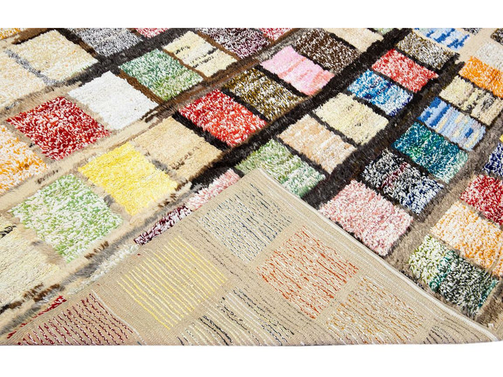 Modern Turkish Tulu Handmade Multicolor Square Pattern Beige Wool Rug