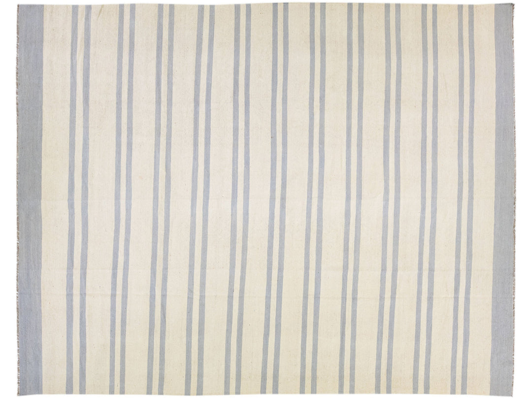 Modern Kilim Flat-Weave Beige & Gray Oversize Wool Rug With Greometric Pattern