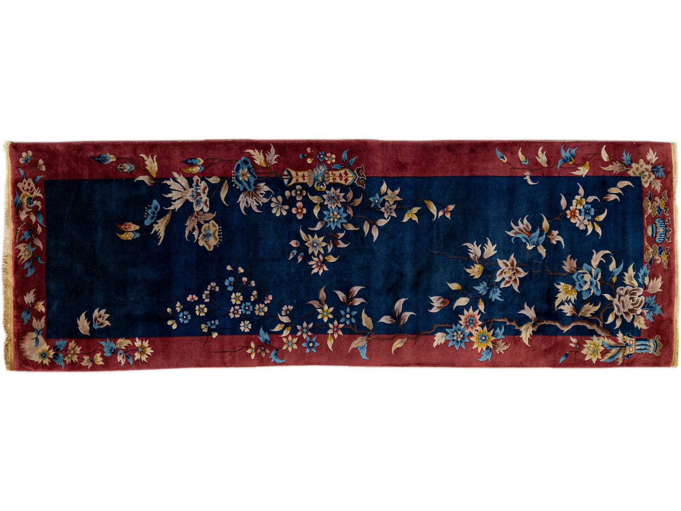 Navy Blue Antique Art Deco Handmade Floral Chinese Wool Runner