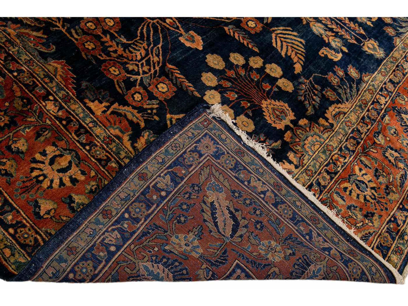 Antique Persian Sarouk Farahan Handmade Floral Motif Oversize Navy Blue Wool Rug