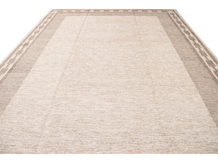 Modern Swedish Style Handmade Oversize Designed Beige Wool Rug