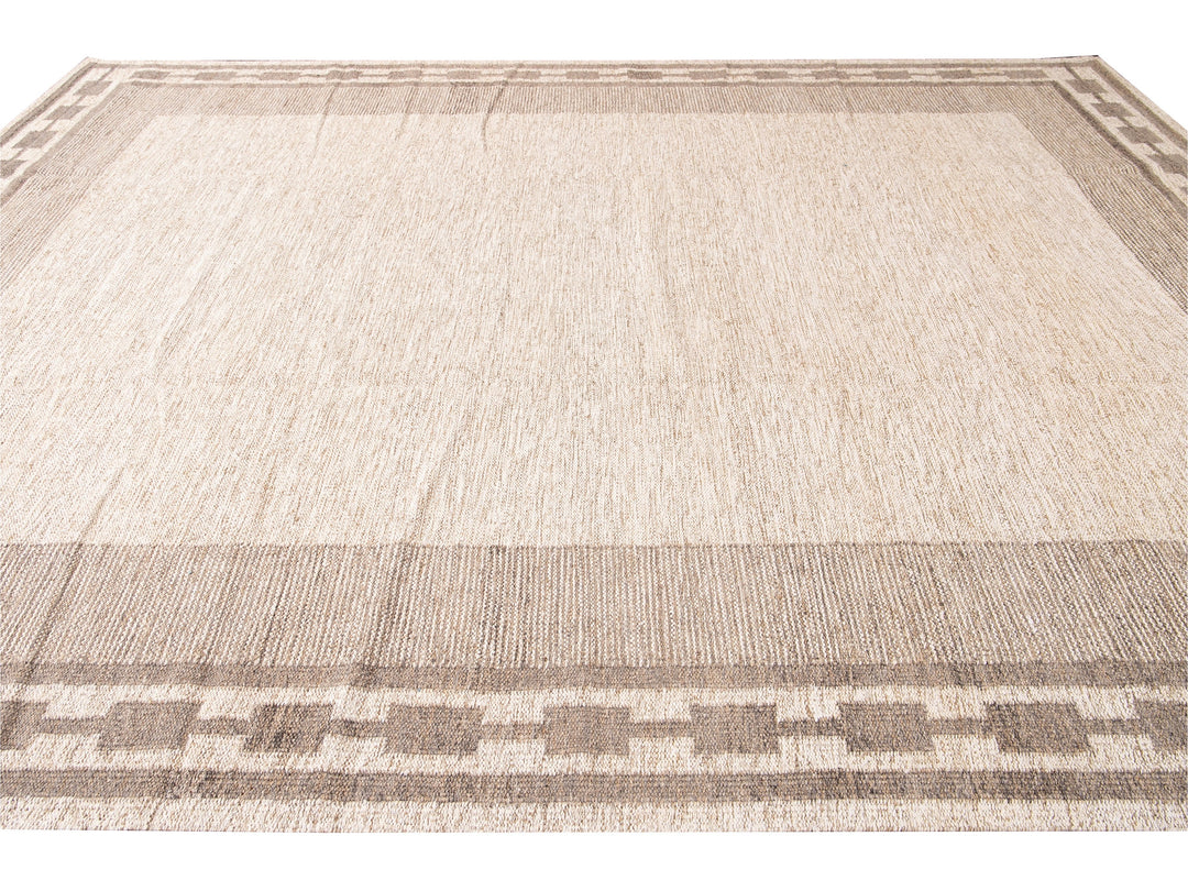 Modern Swedish Style Handmade Oversize Designed Beige Wool Rug