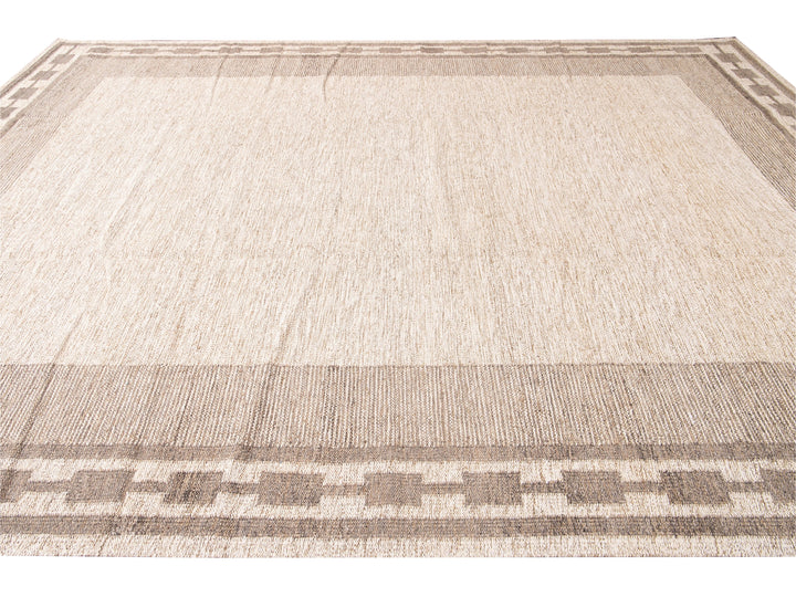 Modern Swedish Style Handmade Oversize Designed Beige Wool Rug