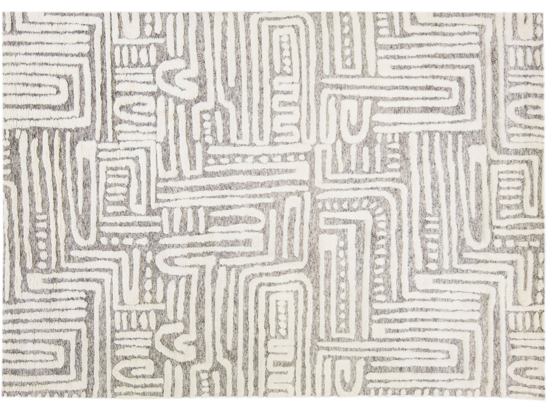 Light Grey Modern Moroccan Style Handmade Abstract Designed Wool Rug by Apadana