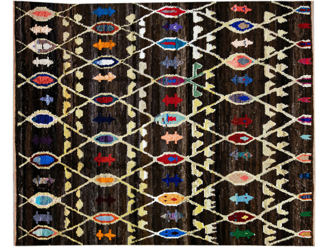 Brown Modern Turkish Tulu Handmade Multicolor Tribal Designed Wool Rug
