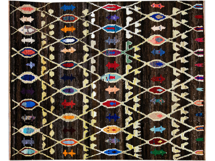 Brown Modern Turkish Tulu Handmade Multicolor Tribal Designed Wool Rug