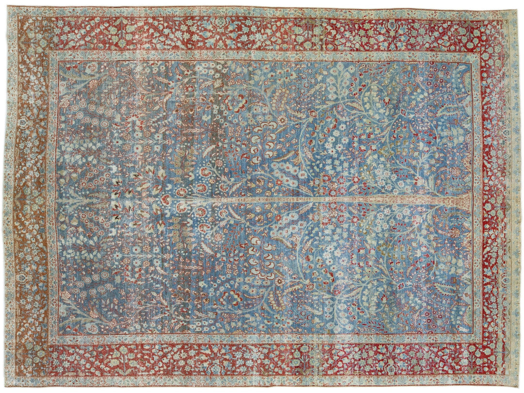 Antique Persian Tabriz Handmade Blue Wool Rug with Shah Abbasi Design