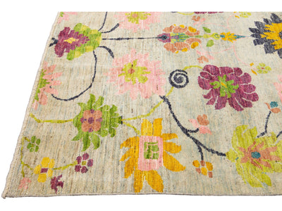 Modern Oushak Handmade Multicolor Floral Pattern Beige Wool Rug