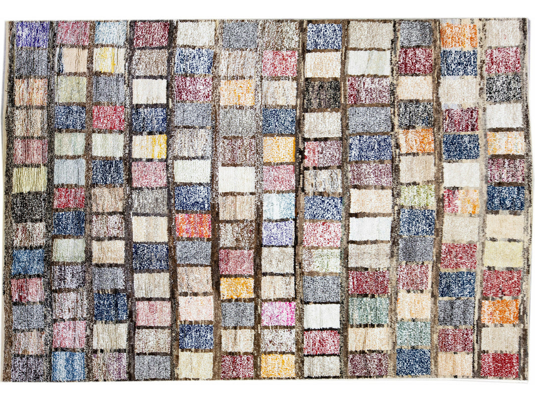 Brown Modern Turkish Tulu Handmade Multicolor Square Designed Pattern Wool Rug