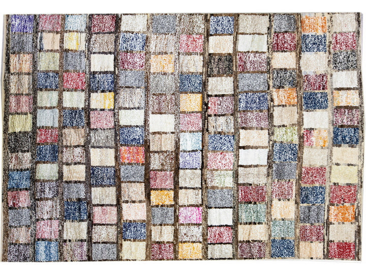 Brown Modern Turkish Tulu Handmade Multicolor Square Designed Pattern Wool Rug