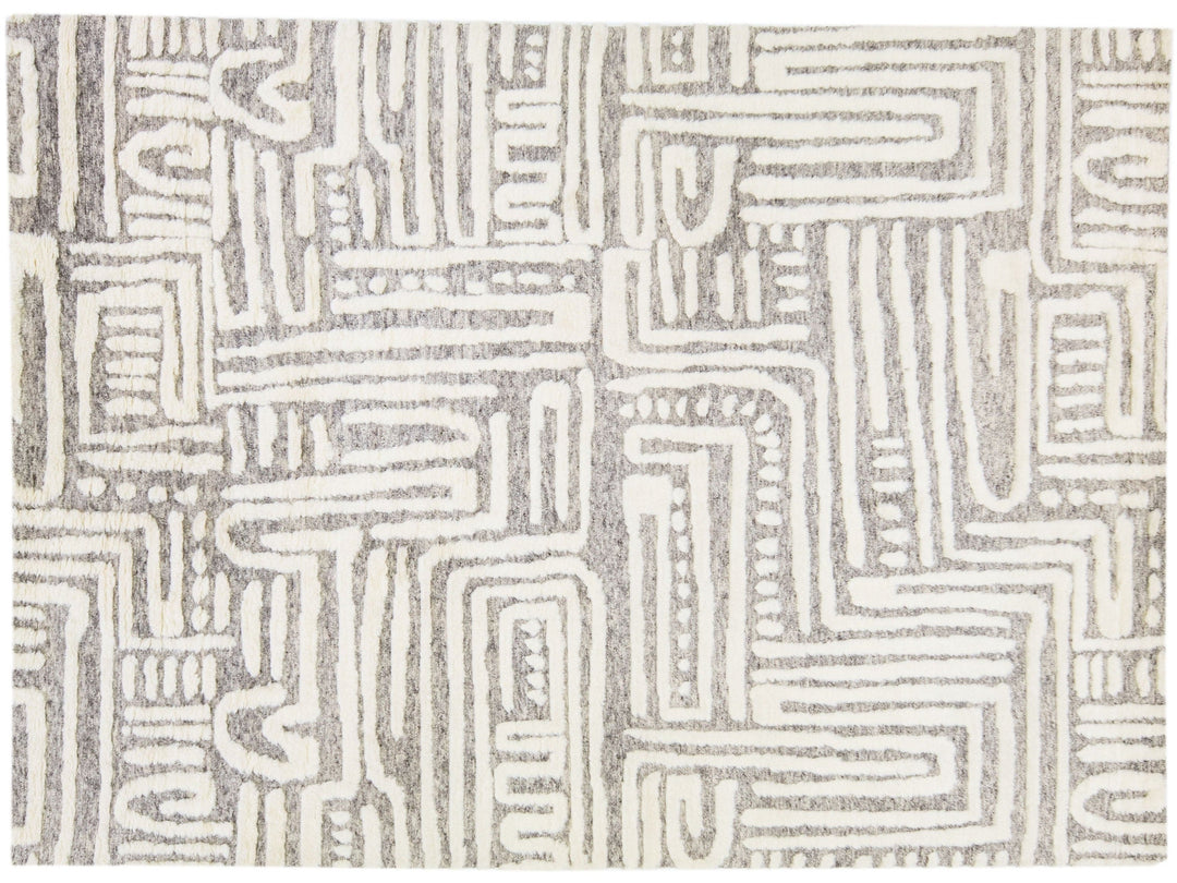 Modern Moroccan Style Handmade Ivory Wool Rug with Abstract Motif by Apadana