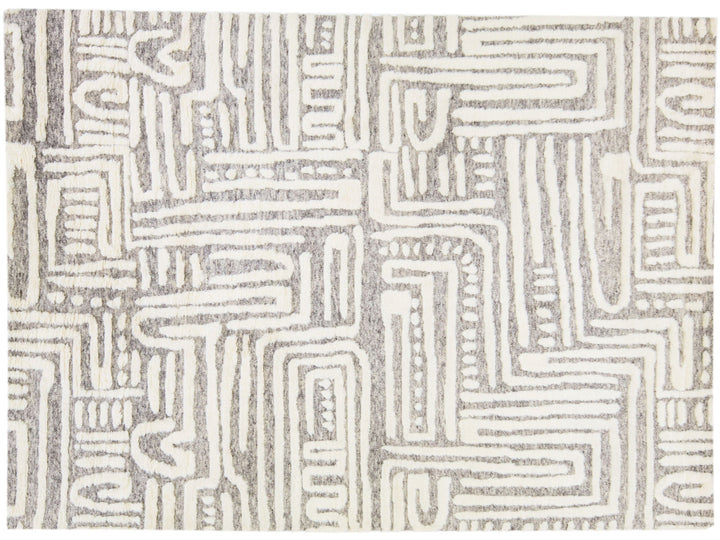 Modern Moroccan Style Handmade Ivory Wool Rug with Abstract Motif by Apadana