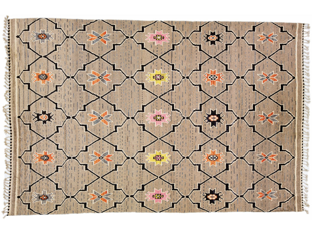Tan Modern Moroccan Style Handmade Tribal Designed Wool Rug