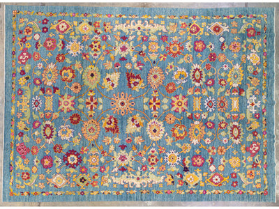 Modern Oushak Handmade Tribal Floral Oversize Blue Wool Rug