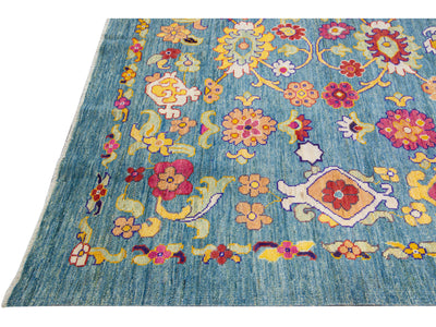 Modern Oushak Handmade Tribal Floral Oversize Blue Wool Rug