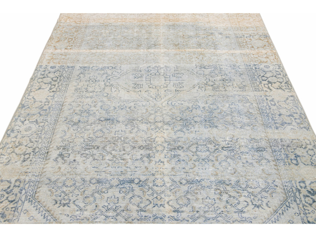 Antique Blue And Beige Mahal Handmade Medallion Floral Wool Rug