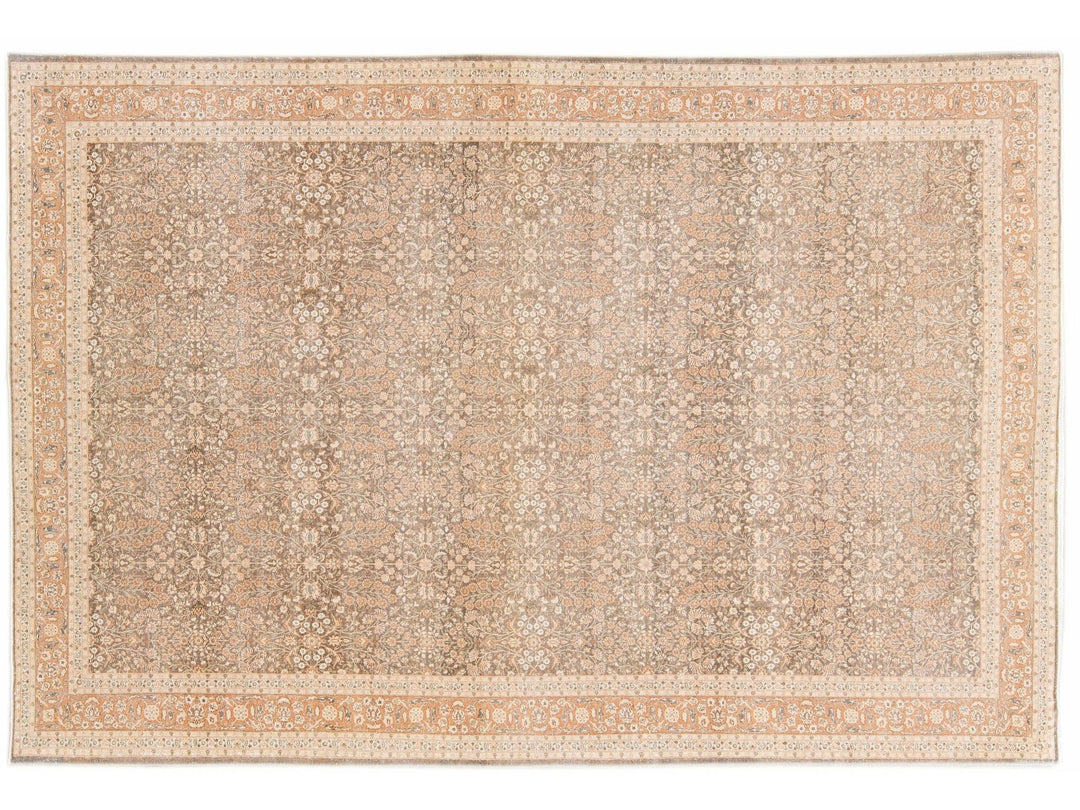 Antique Sivas Handmade Brown and Peach Floral Motif Wool Rug