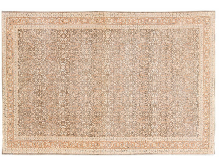 Antique Sivas Handmade Brown and Peach Floral Motif Wool Rug