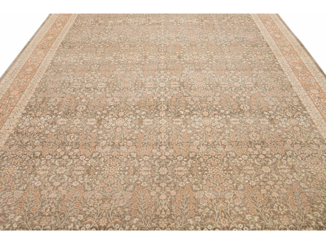 Antique Sivas Handmade Brown and Peach Floral Motif Wool Rug