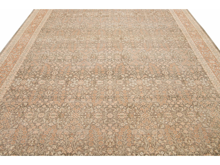 Antique Sivas Handmade Brown and Peach Floral Motif Wool Rug