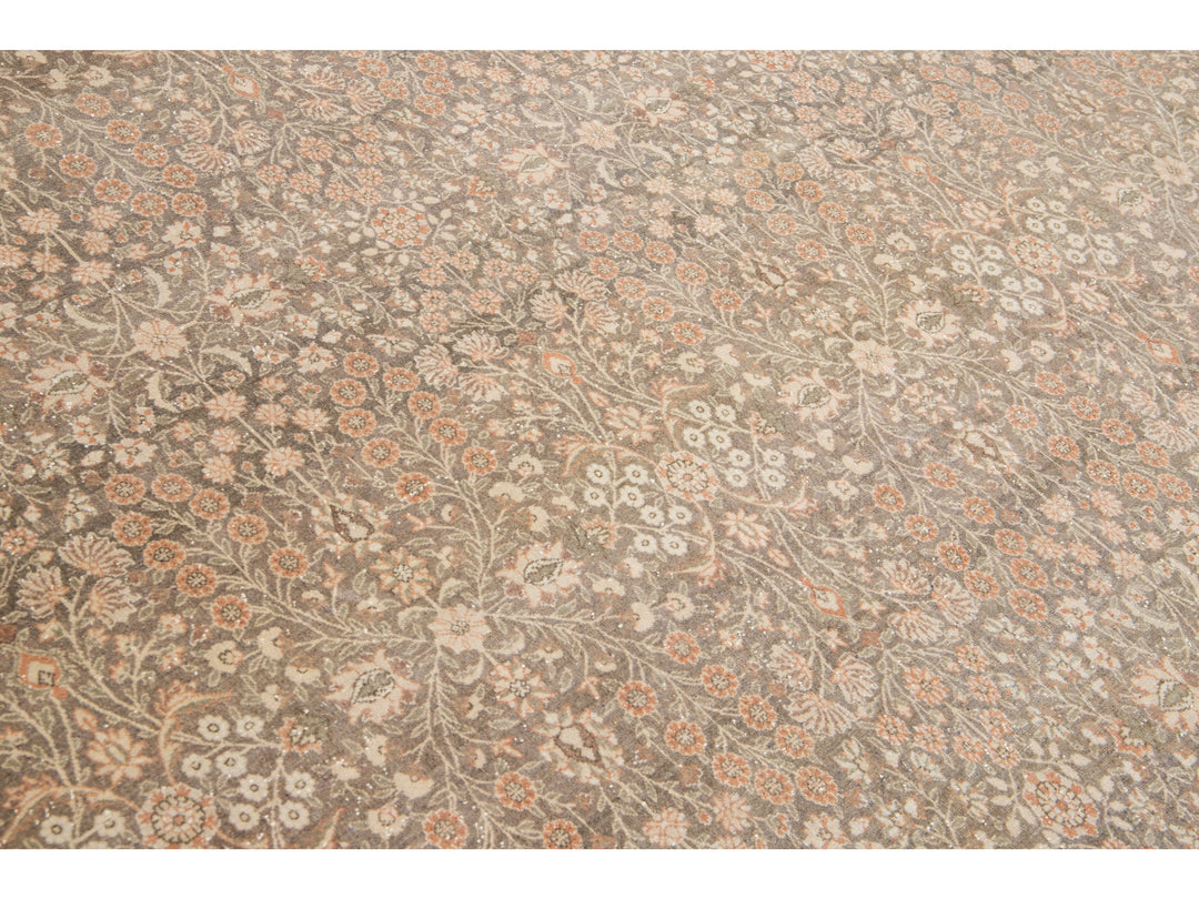 Antique Sivas Handmade Brown and Peach Floral Motif Wool Rug