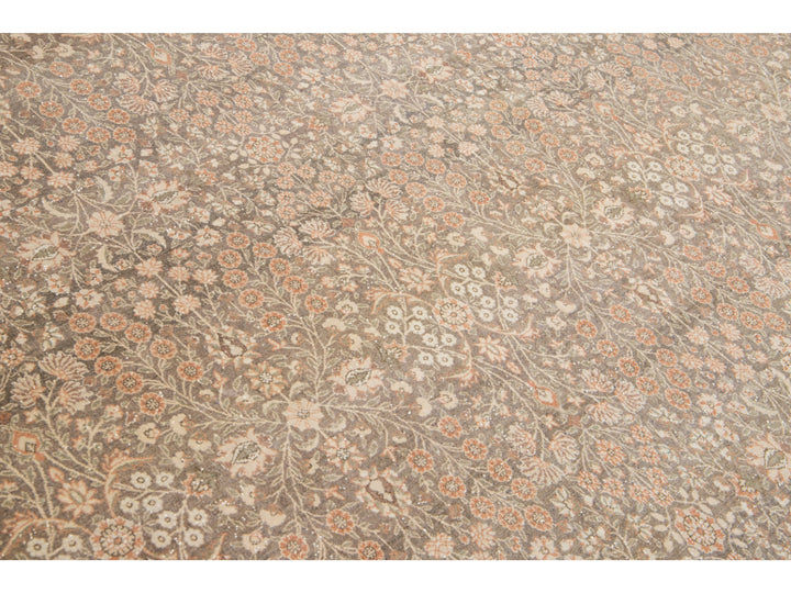 Antique Sivas Handmade Brown and Peach Floral Motif Wool Rug